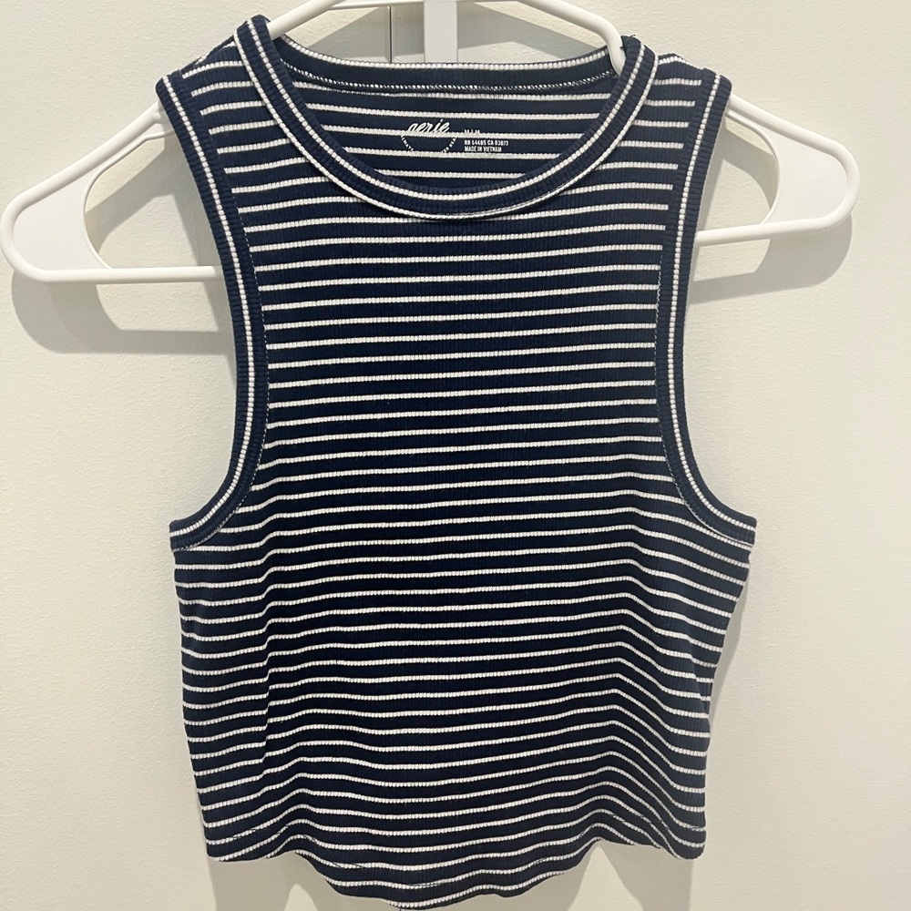 aerie Navy and White Striped Ribbed Tank Top